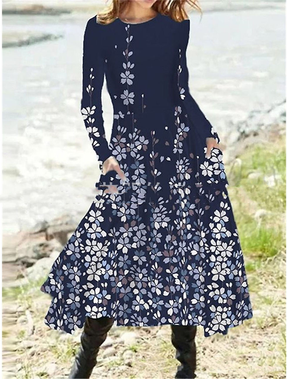 Sīktēls: Popular Floral Print Pocket Round Neck Dress