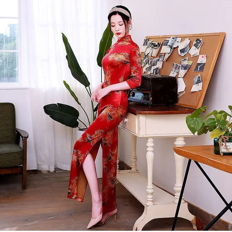 Miniatura: Chinese Traditional Cheongsam Vintage Floral Print Elegant Split Qipao for Woma