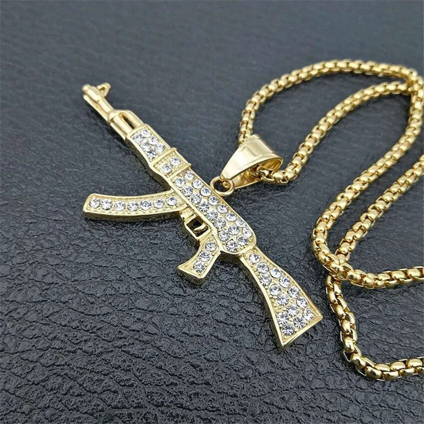 Thumbnail: Hip Hop Iced Out Bling AK47 Gun Pendant With Chain Gold Color Stainless Steel M