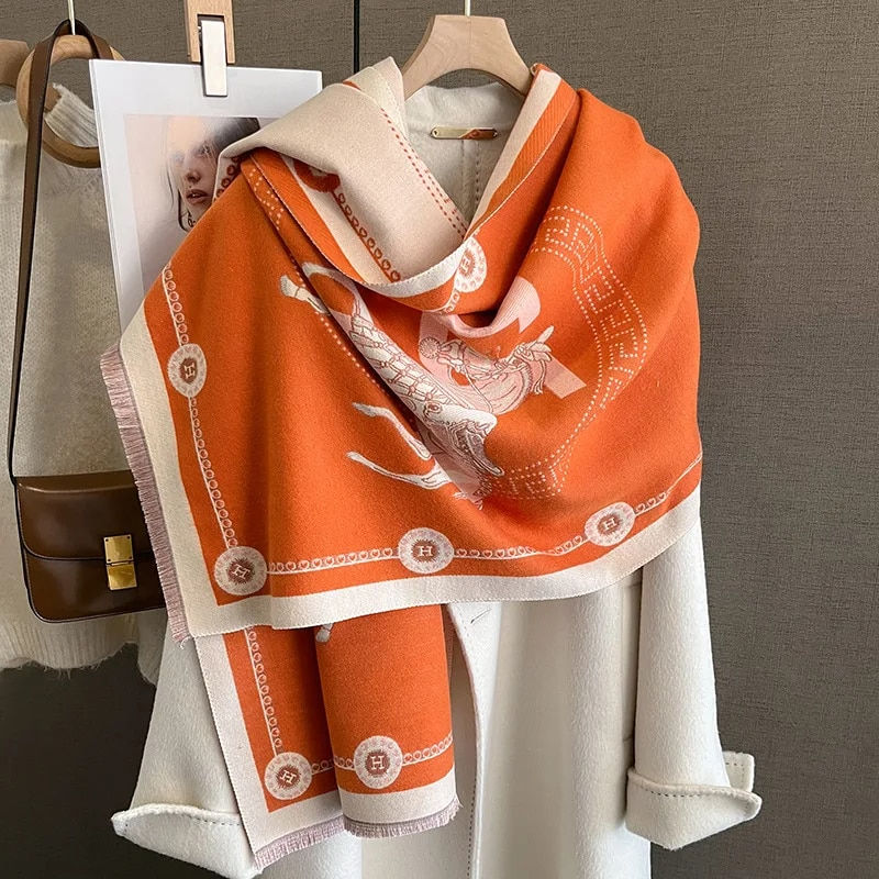 Imej kecil: Luxury Winter Cashmere Scarf Women 2023 Design Warm Pashmina Blanket Horse Scar