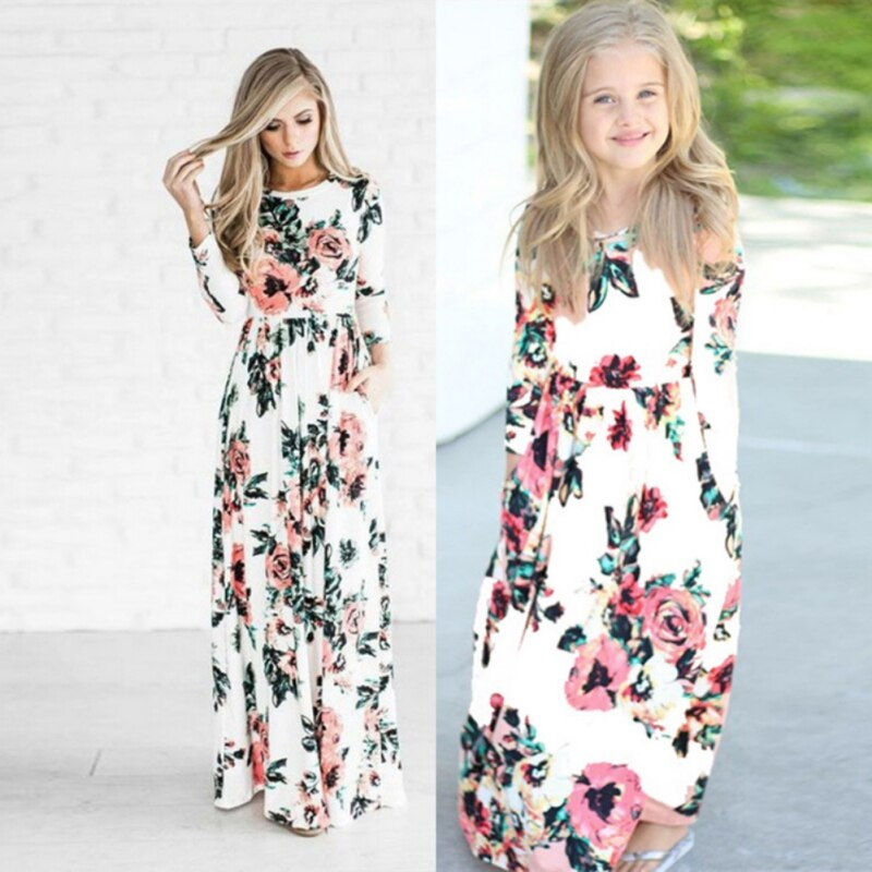 Thumbnail: Spring Autumn Mommy Daughter Floral Print Dresses Long Sleeve O Neck Dress