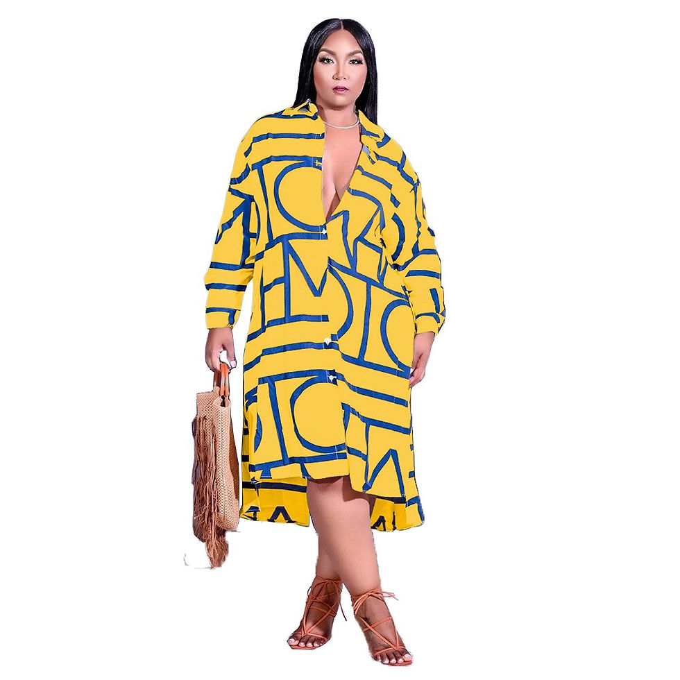 Thumbnail: Fashion Plus Size Shirt Dress Geometric Print Lapel Long Sleeve Ladies Dress Ou