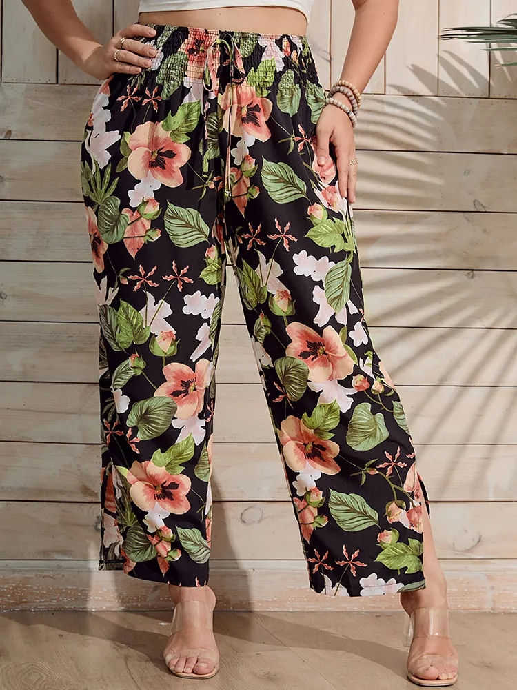 Thumbnail: Finjani Plus Size Floral Print Split Hem Wide Leg Pants Women High Waist Belted