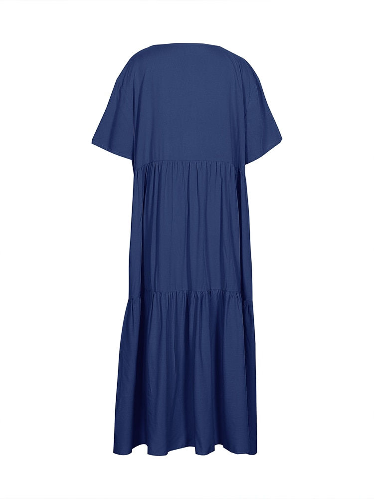 Thumbnail: Plus Size Dress Women 2023 Summer V-Neck Short Sleeve Pleated Solid Color Casua
