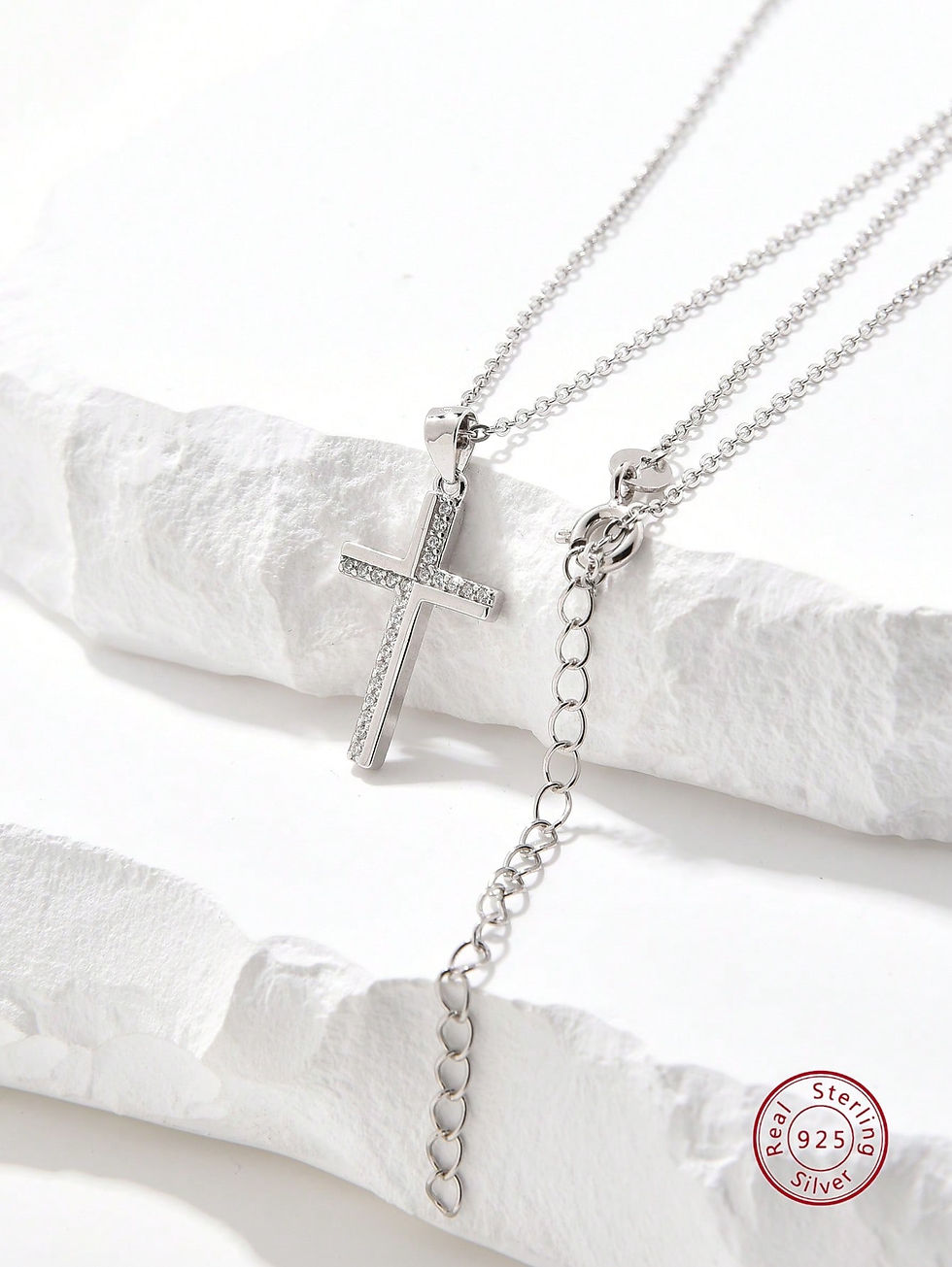Thumbnail: Men Cubic Zirconia Cross Charm Silver Necklace