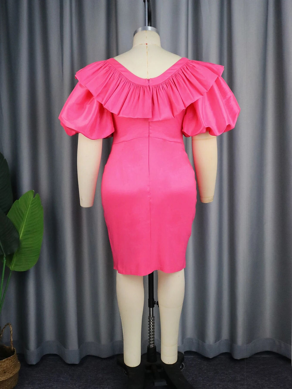 Thumbnail: Puff Sleeves Dresses for Women Rose Sheath V Neck High Waist Pencil Knee-Length