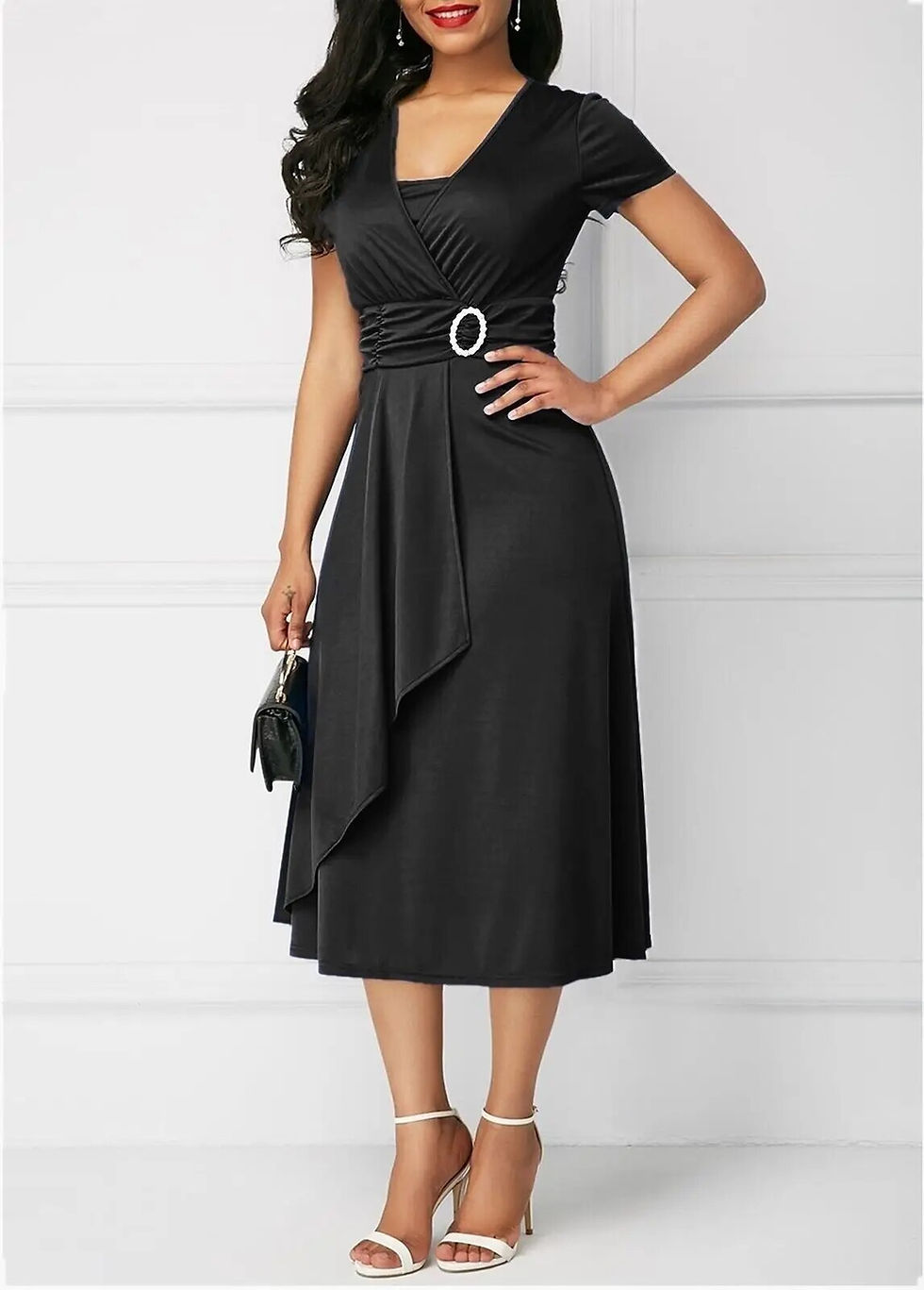 Thumbnail: Elegant Women Solid Color Short Sleeve V Neck Asymmetric Hem Waist Tight Midi P
