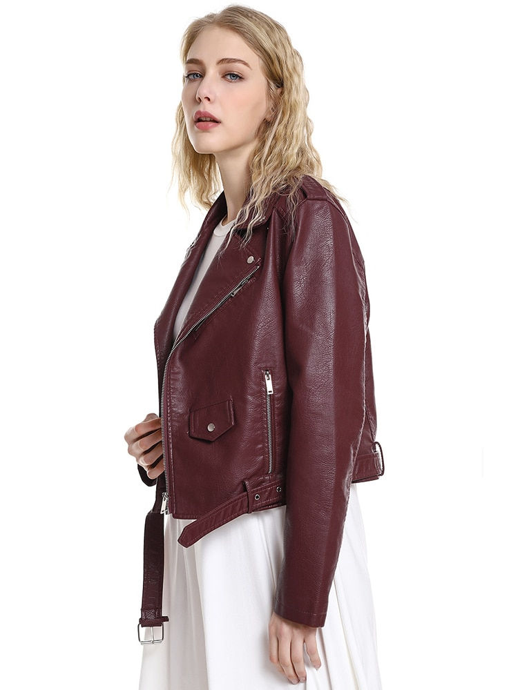 Thumbnail: FTLZZ Spring Autumn Women Faux Leather Jacket Soft PU Zip Up Motorcycle Short P