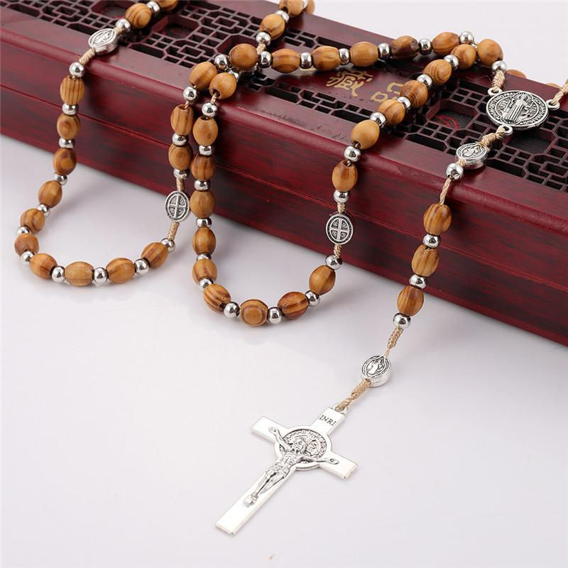 Thumbnail: Fashion Cross Pendant Necklaces For Men Women Wooden Beads Rosary Cross