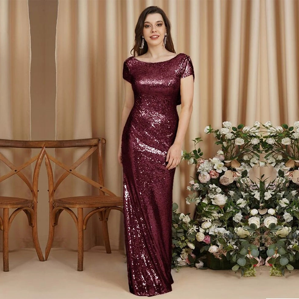 Thumbnail: BABYONLINE Elegant Bridesmaid Gowns Features Sequins Low Cowl Back A Cap Sleeve