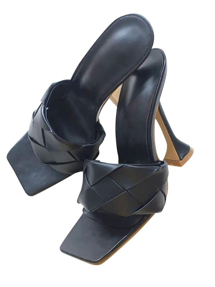 Thumbnail: Sandals Square Open Toe Heeled Woven Leather Shoes For Women Style Wine