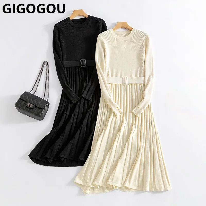 Thumbnail: GIGOGOU Chic Long Knit Women Maxi Sweater Dress O Neck Winter Thick Warm A Line
