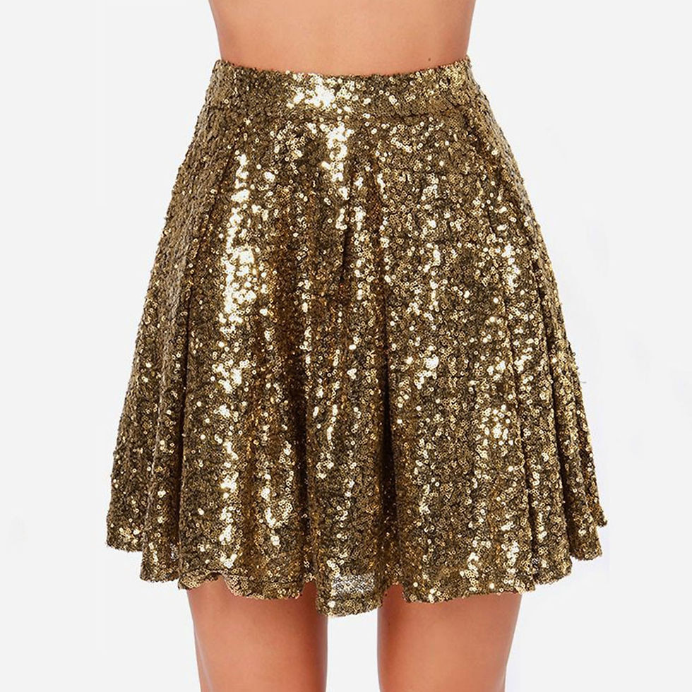 Imej kecil: Women's Fashion High Waist Pleated Gold A-Line Short Skirt Loose Sequin Skirt P