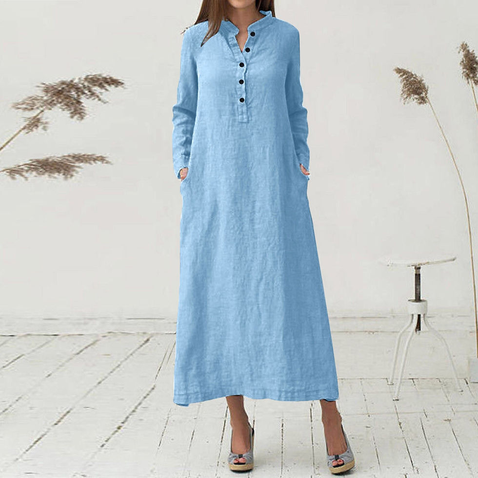 Thumbnail: New Cotton Linen Long Sleeve Casual Dress Women Loose V Neck Pockets Beach