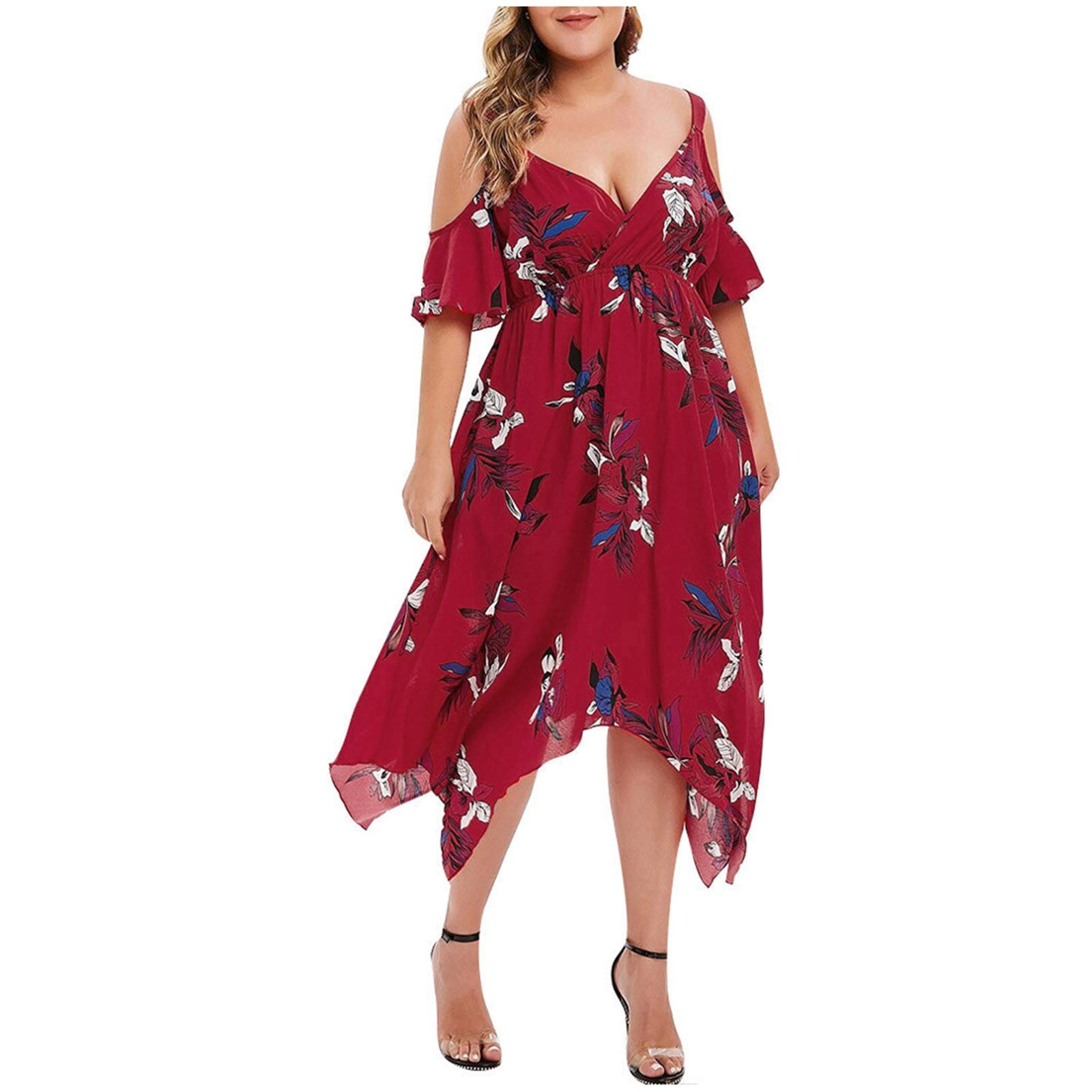 Summer Women's Casual Floral Print Dress 2021 Women Plus Size Open Shoulder Flo