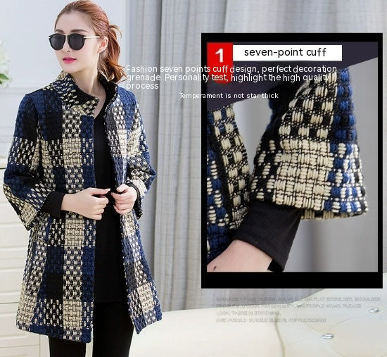 Thumbnail: Woolen New Slim-fit Mid-length 34 Sleeve Stand Collar Thick Flower Woolen Coat