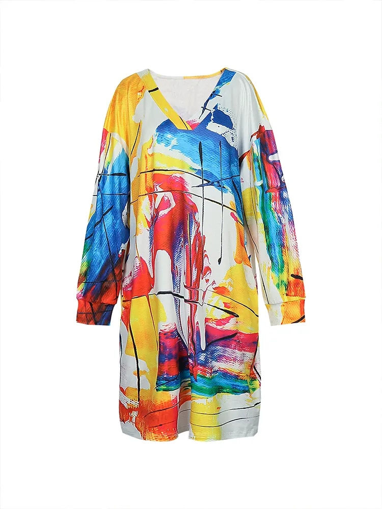 Thumbnail: Plus Size 5XL 2023 Women's Irregular Printed Colorful Pattern Dress V-Neck Long