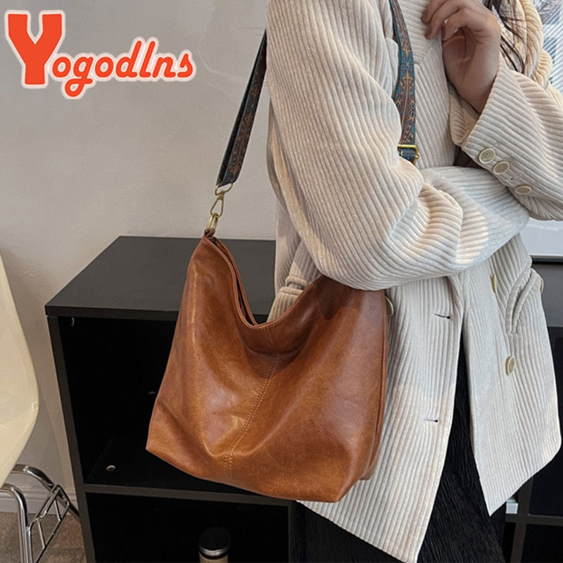 Thumbnail: Yogodlns Vintage Shoulder Bag For Women PU Leather Bucket Bag Luxury Style Cros