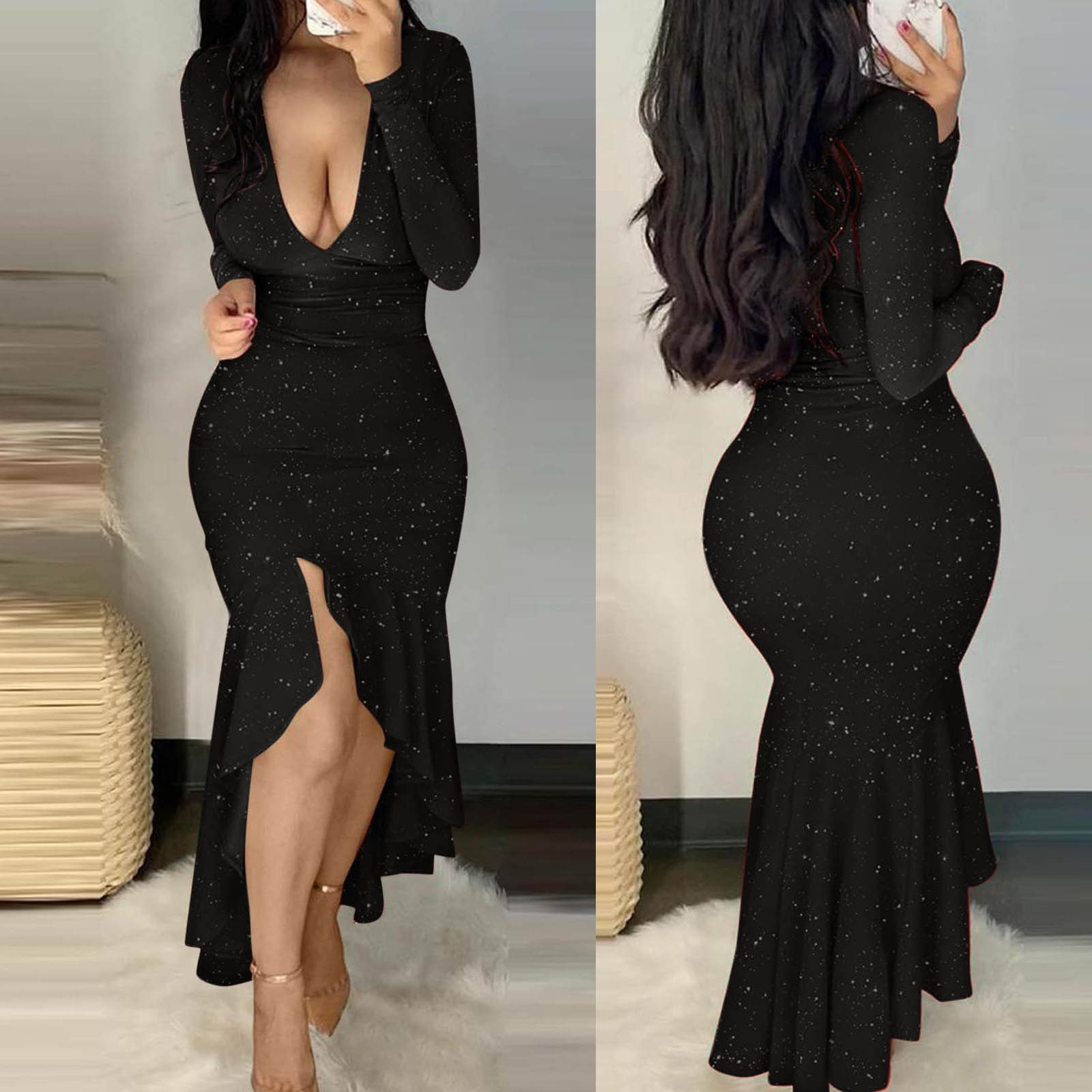 Sexy Glitter Long Sleeve Deep V-Neck Mermaid Dress for Women Party Club Ruffle