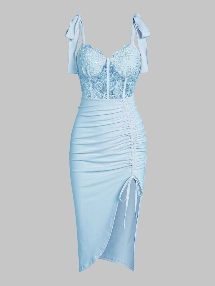 ZAFUL Women's Dress Sexy Tie Shoulder Floral Lace Insert Cinched Ruched Split C