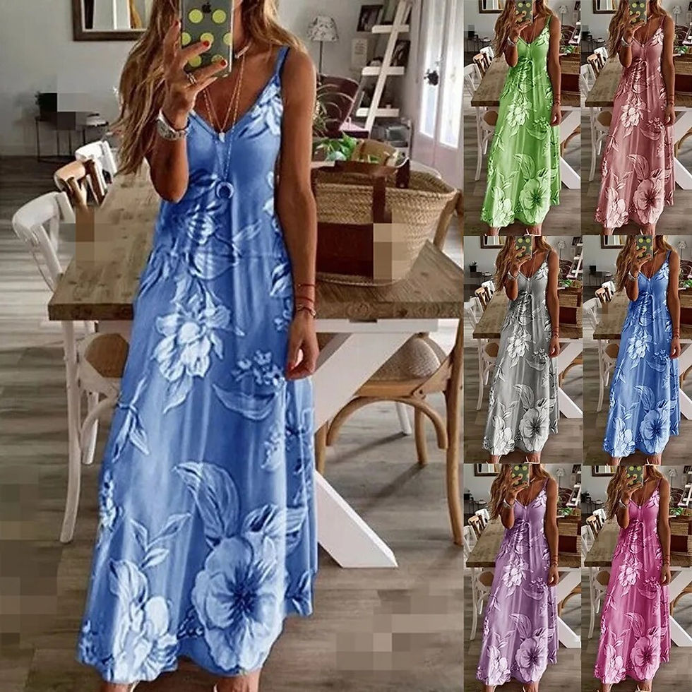 Thumbnail: Plus Size Spring Summer Women Dress Blue Floral Print V-Neck Long Dresses Casua