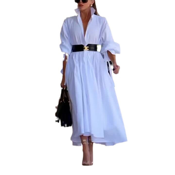 Thumbnail: Fashion Pure White Lapel Belt Dress