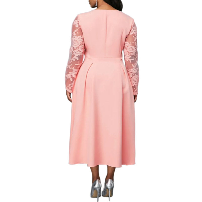 Thumbnail: Plus Size Women Dress Patchwork Lace Long Sleeve Swing A-Line Work Dresses Squa