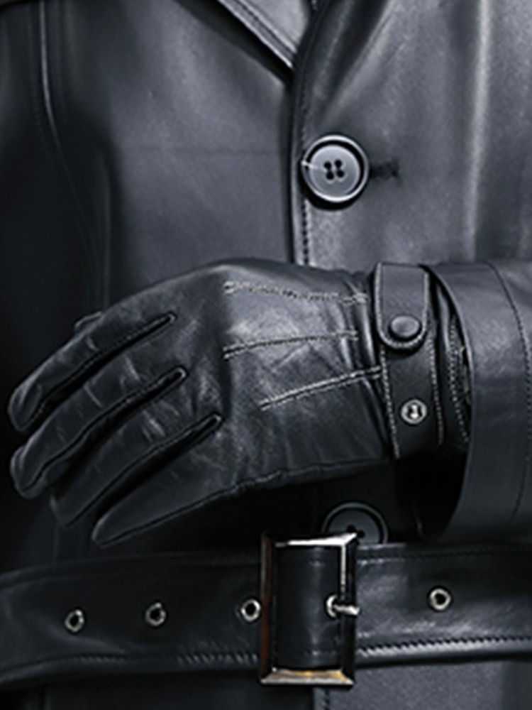 Thumbnail: Mauroicardi Spring Long Black Waterproof Leather Blazer Men Long Sleeve Lapel b