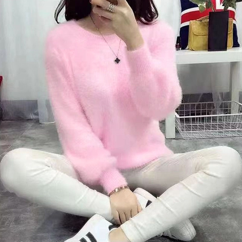 Miniaturebillede: Winter Imitate Mink Wool Hot Fleecing Female O-neck Long Puff Sleeve  Elastic C