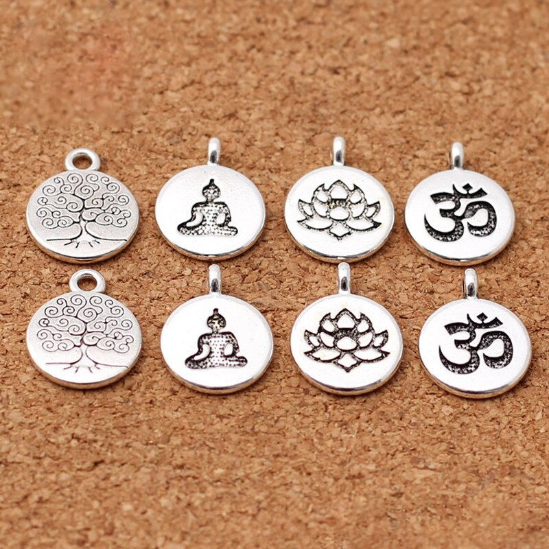 Thumbnail: 10pcs/lot Tibetan Silver Round Tag Lotus/Life Tree/Buddha Charms 15mm Hand