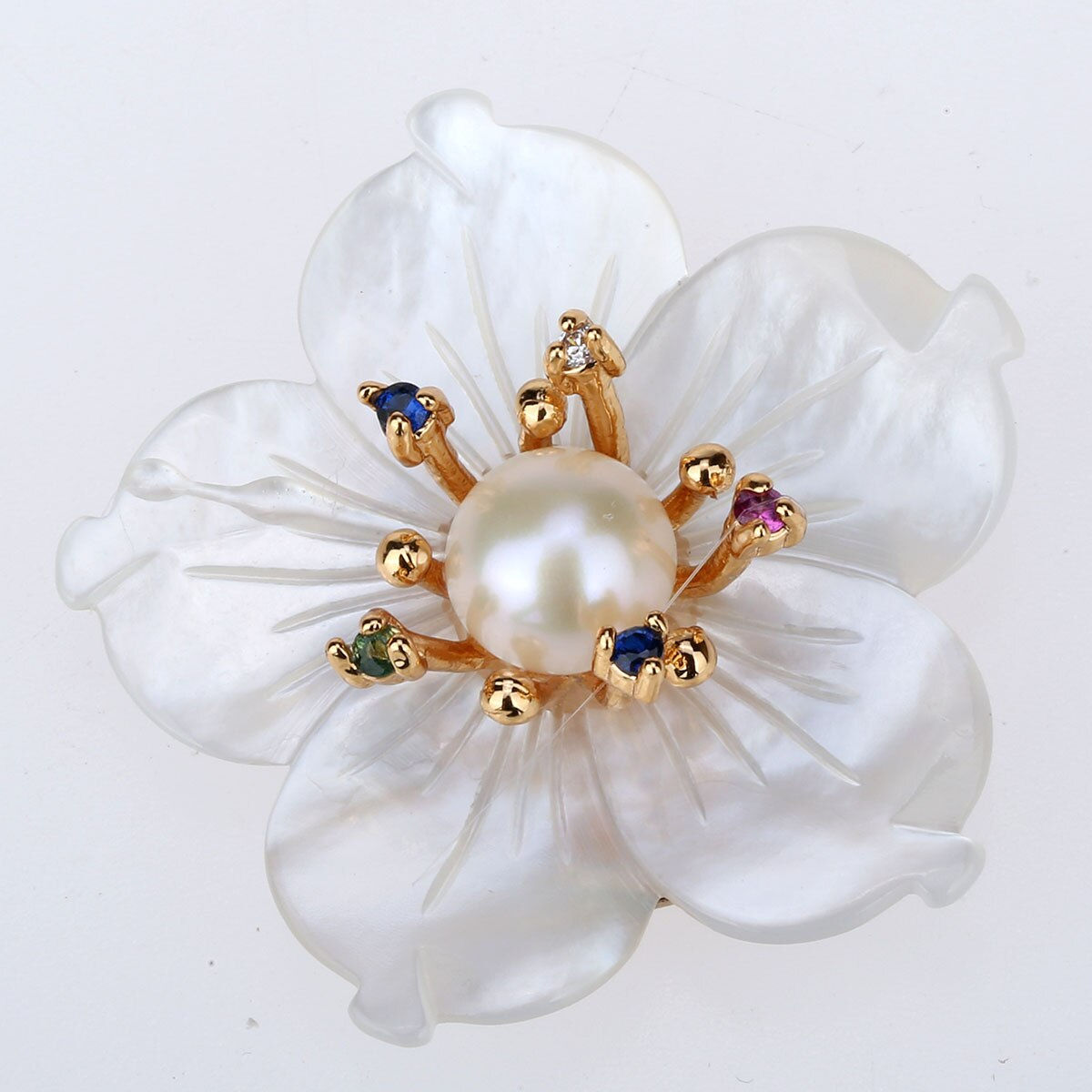 Yacq Womens Freshwater Pearl Cubic Zirconia CZ White Shell Flower Magnetic Broo