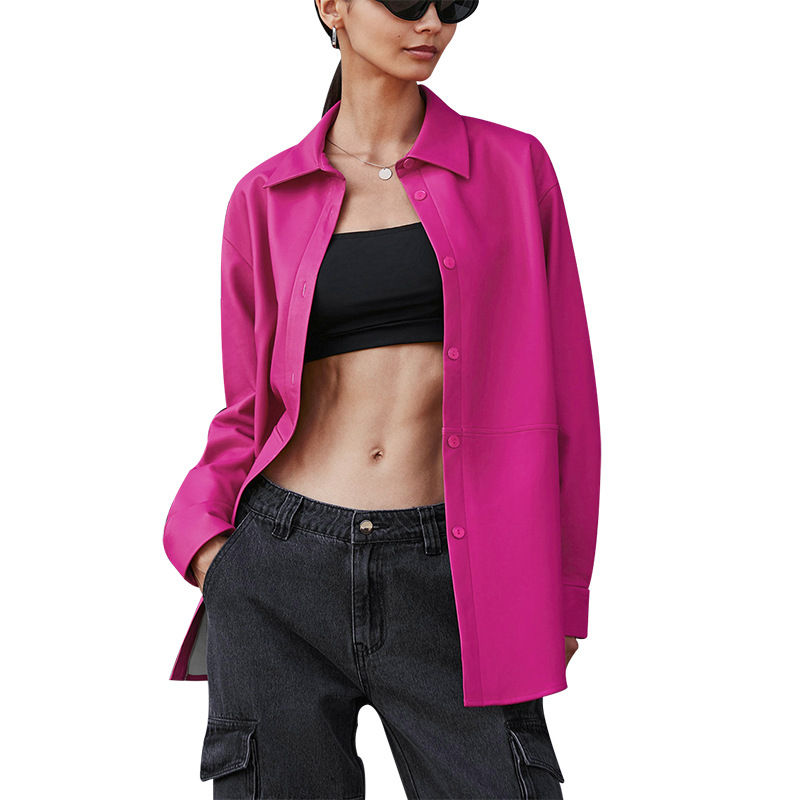 Thumbnail: Fashion Long Sleeve Women's PU Shirt Leather Coat