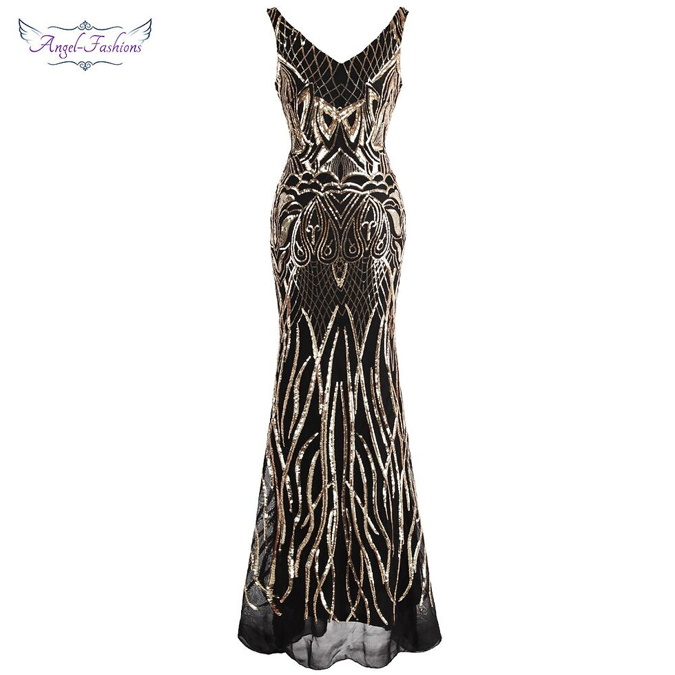 Thumbnail: Angel-fashions Women's V Neck Evening Dress Gold Sequin Vintage 1920S