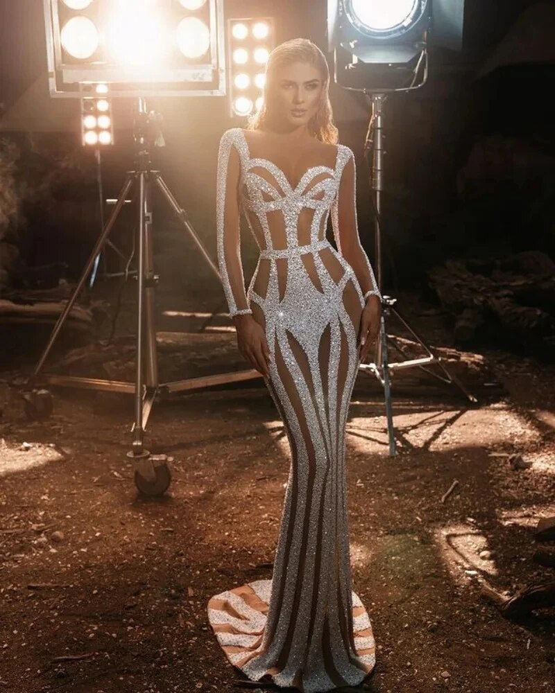 Hi Shy Bridal Luxury Evening Dresse O-Neck Mermaid Long Sleeved Floor-Length Se