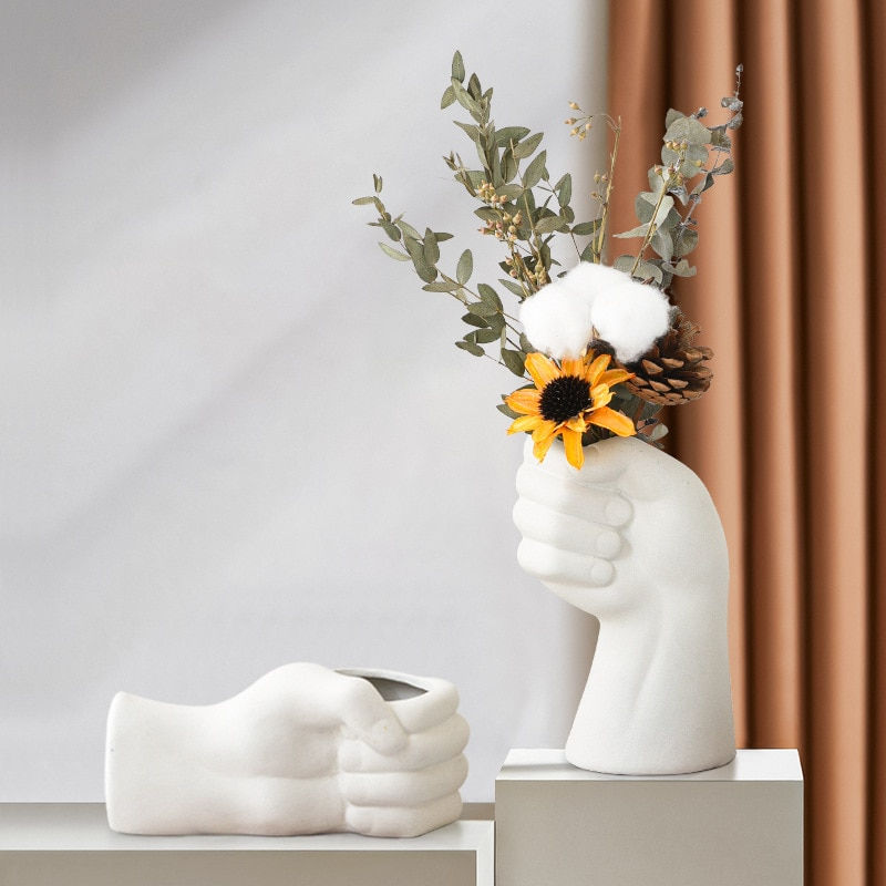 Thumbnail: Ceramic White Hand Vase Nordic Style Home Office Decor Creative Plant Flower Va