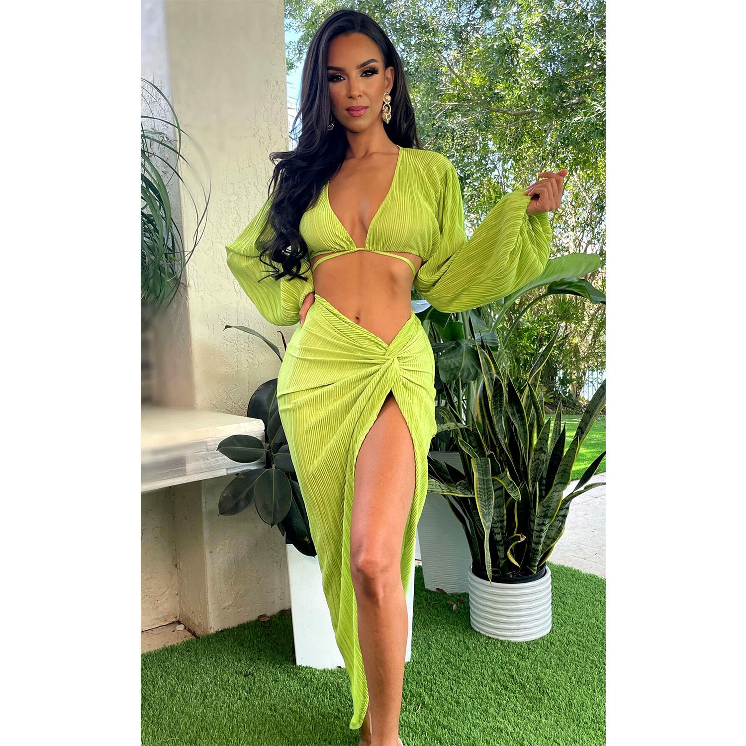 Elegant Pleated Lace Up 2 Piece Set Women Sexy V Neck Lantern Sleeve Bandage Cr