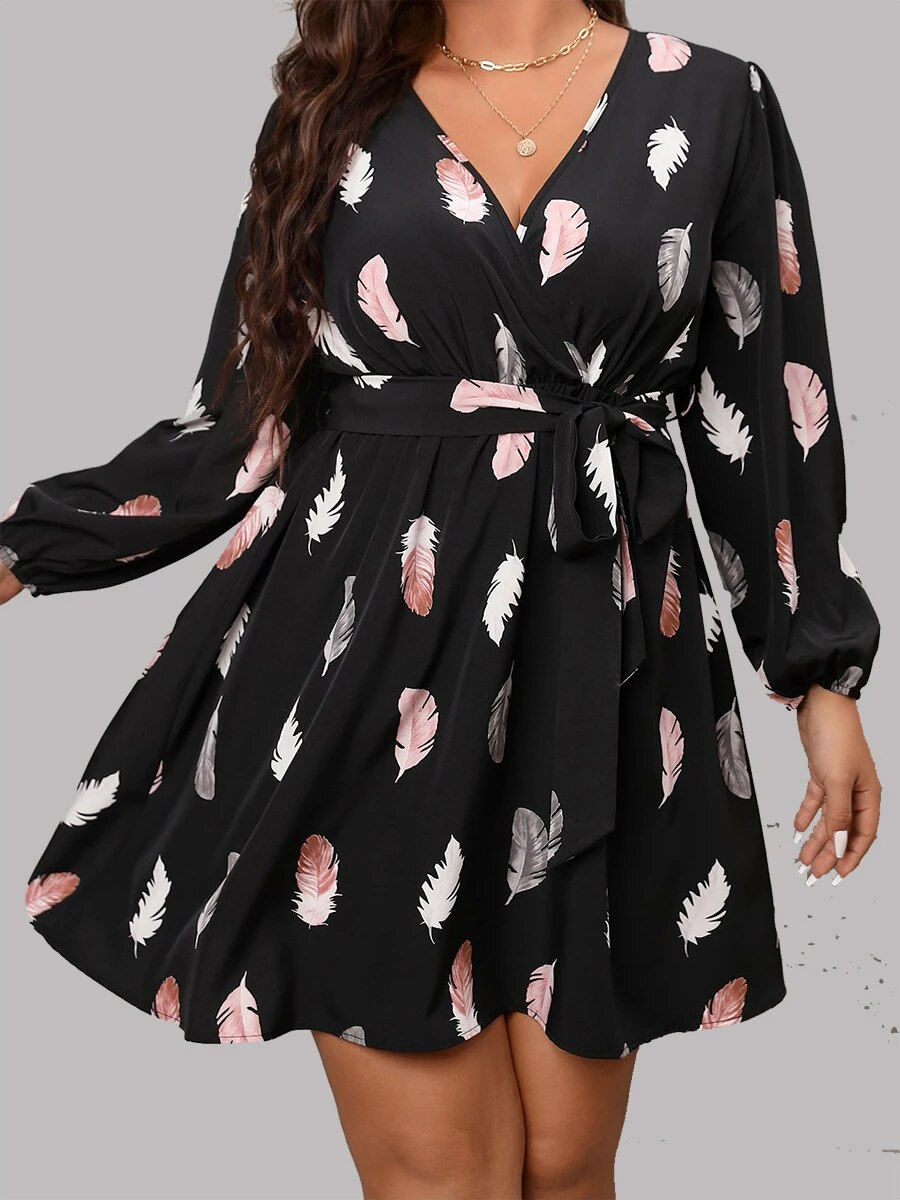 Finjani Plus Size Dress Sexy Deep V-Neck Feather Print Party Dress Trendy Butte