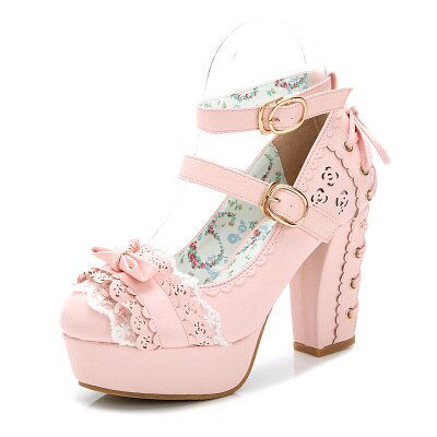 Thumbnail: Japanese Style Sweet Bow Lace Candy Color Princess Shoes Buckle Strap High