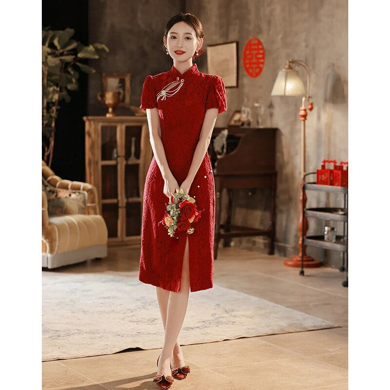 섬네일: Elegant Lace Flower Wedding Dress Backless Qipao Women sexy Hollow Out Cheongsa