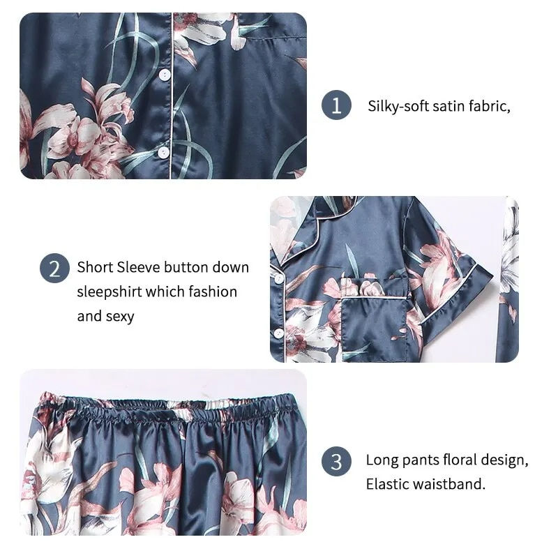 Thumbnail: Women's Pajamas Set Floral Print Button Down Satin Sleepwear Short Sleeve Night