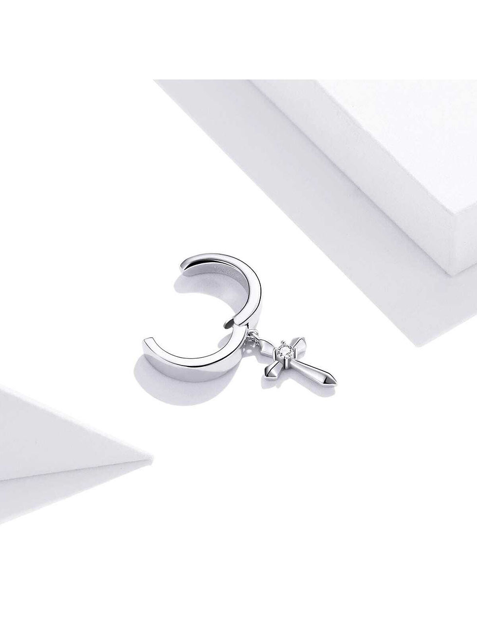 Thumbnail: 1pc Hip Hop Cubic Zirconia Decor Cross Sterling Silver Drop Earring For Women M