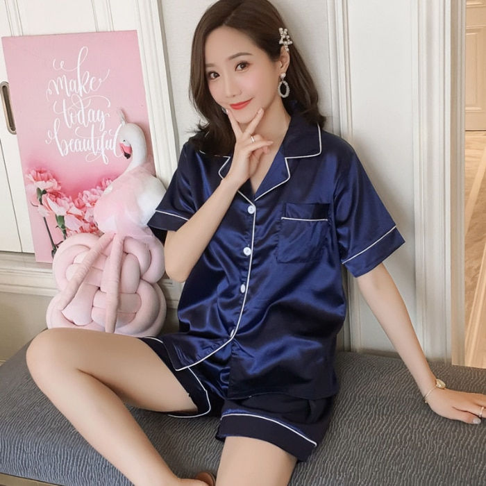Thumbnail: Womens Silk Satin Pajamas Pyjamas Set short Sleeve Sleepwear Pijama Pajama
