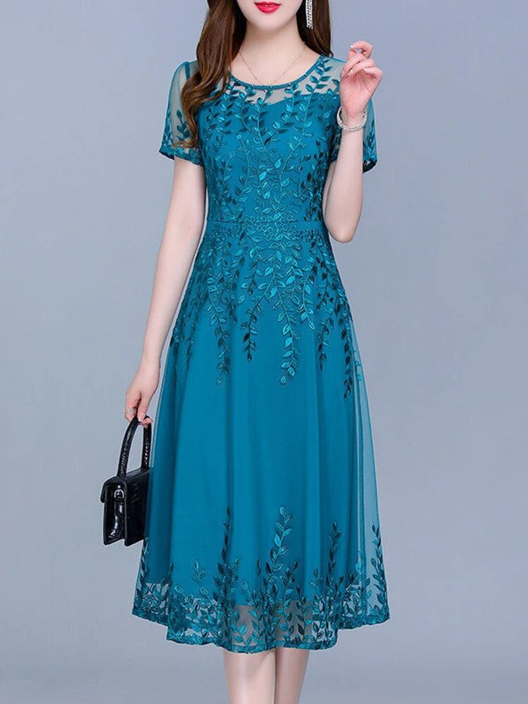 Blue Casual Plus Size Mesh Korean Long Dress Summer Women 2023 New Tunics Midi