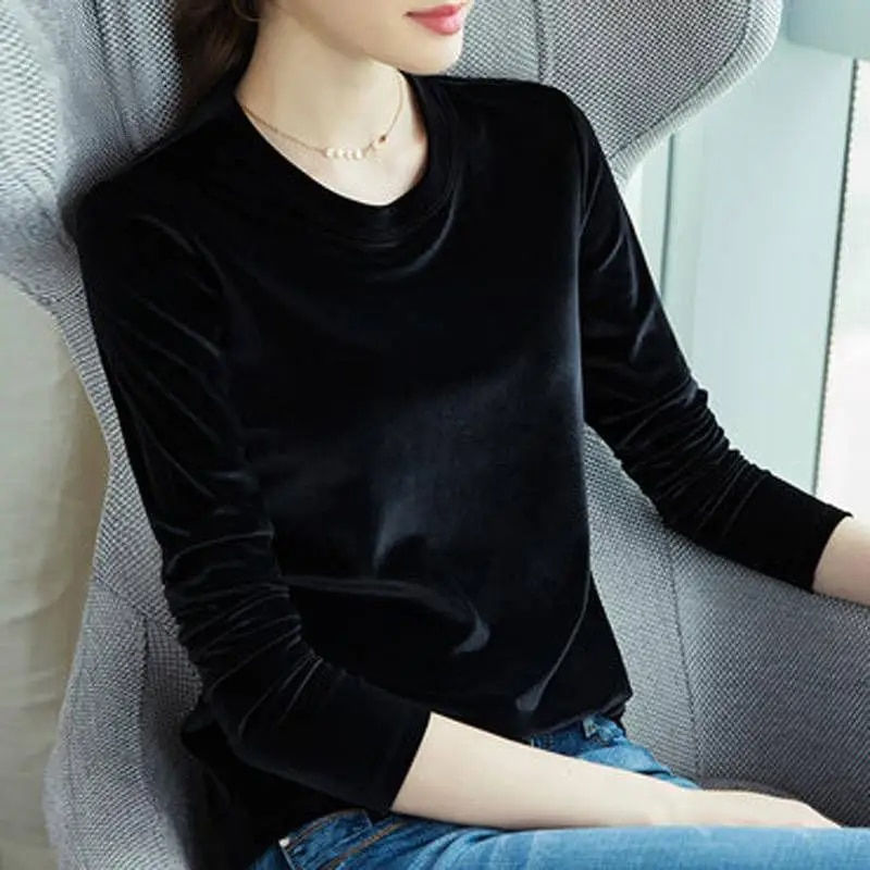 Thumbnail: Spring Long Sleeve Loose Early Autumn T-shirt Women Gold Velvet Short Paragraph