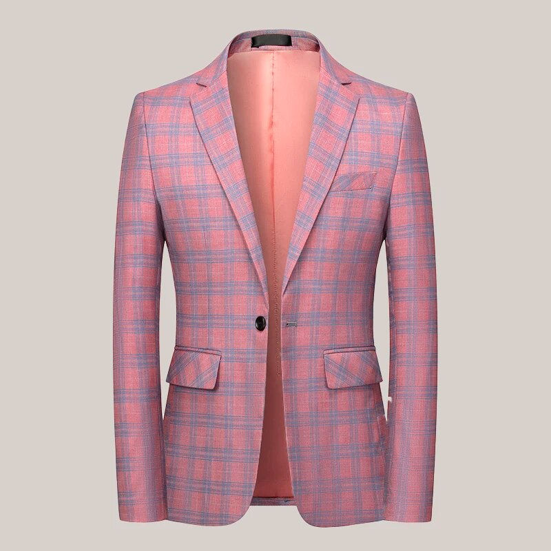 Pink Plaid Suit Jackets For Men Beige blue Checkered Blazer Coat Male Slim Fit