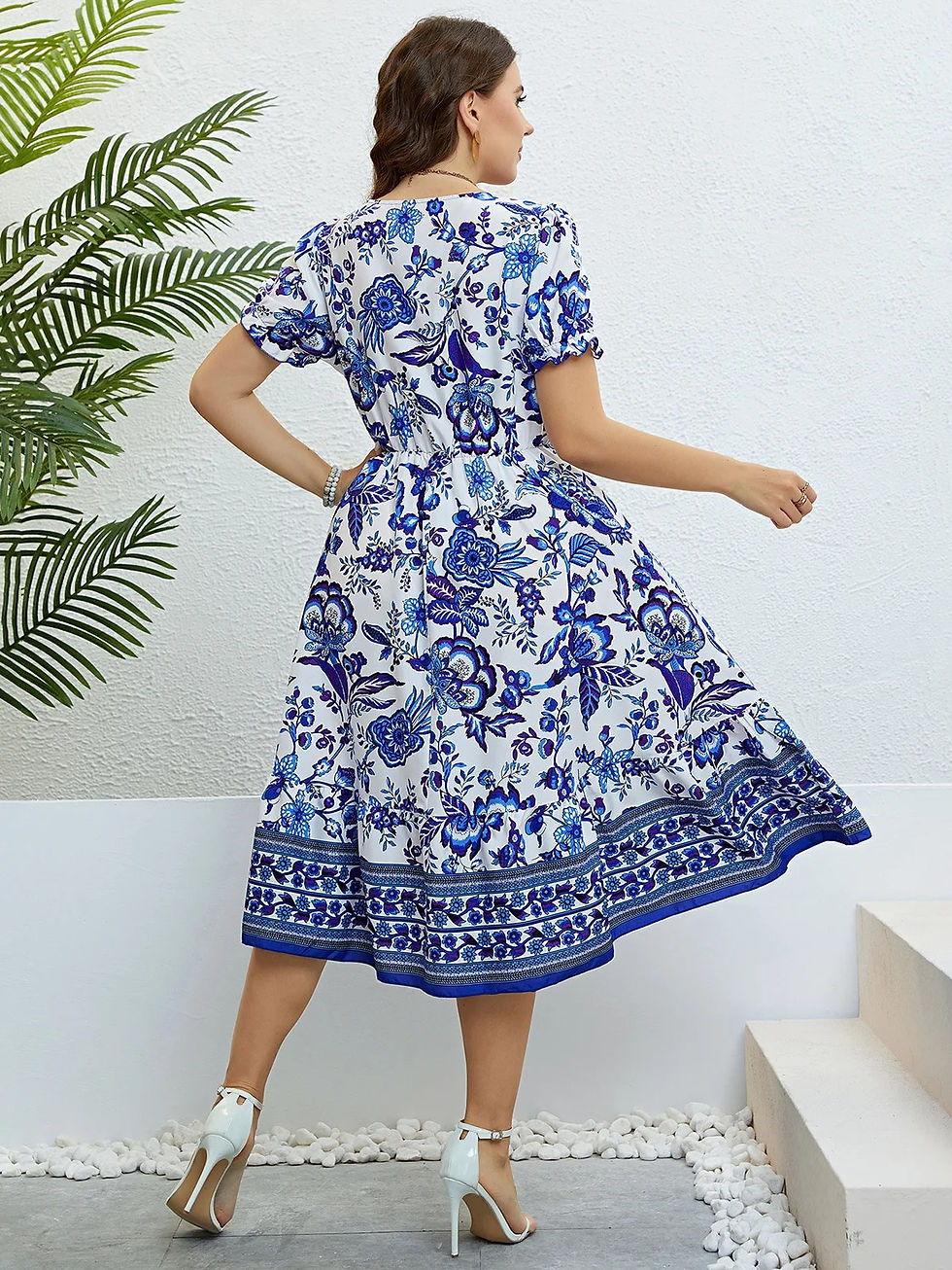 サムネイル： 3XL 4XL Plus Size Casual Dress Summer V-neck Half-cardigan Waist Slimming Dress