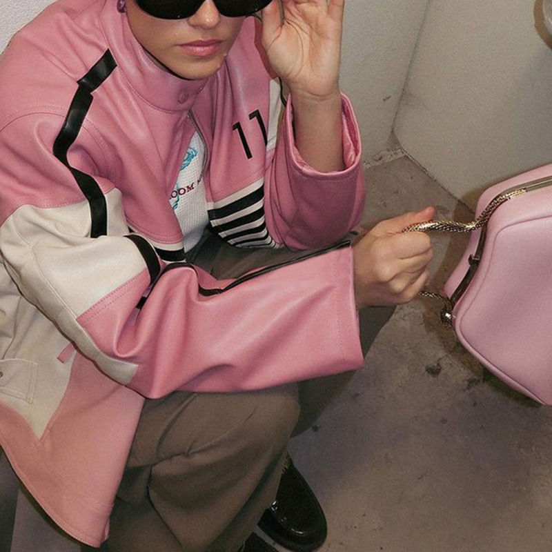 Thumbnail: Girl's Motorcycle Style Contrast Color Leather Coat