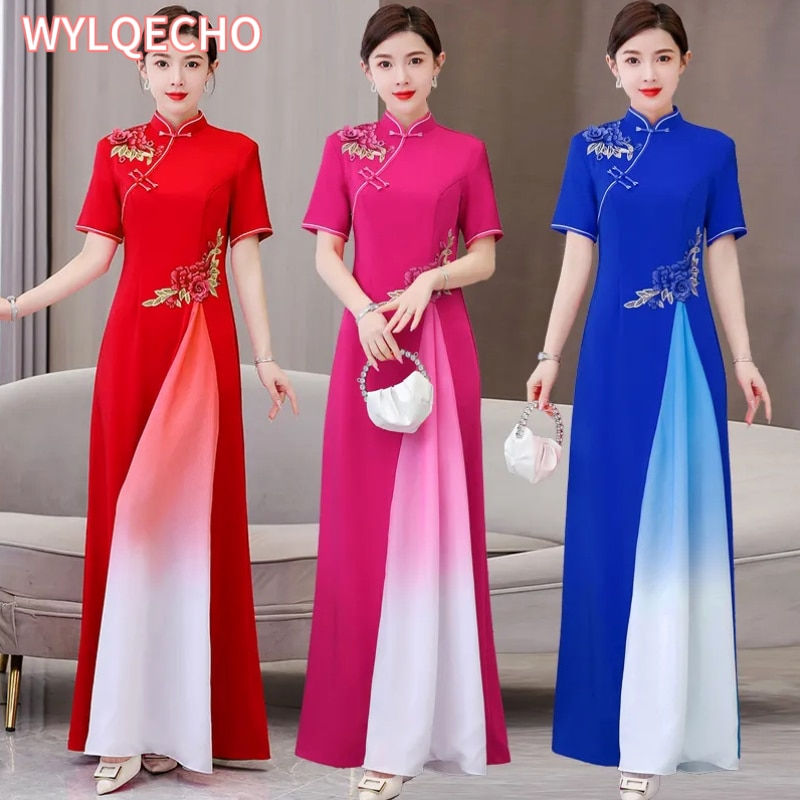 Chinese Style Cheongsam Vietnam Aodai Cheongsam Embroidery Dress Vintage China