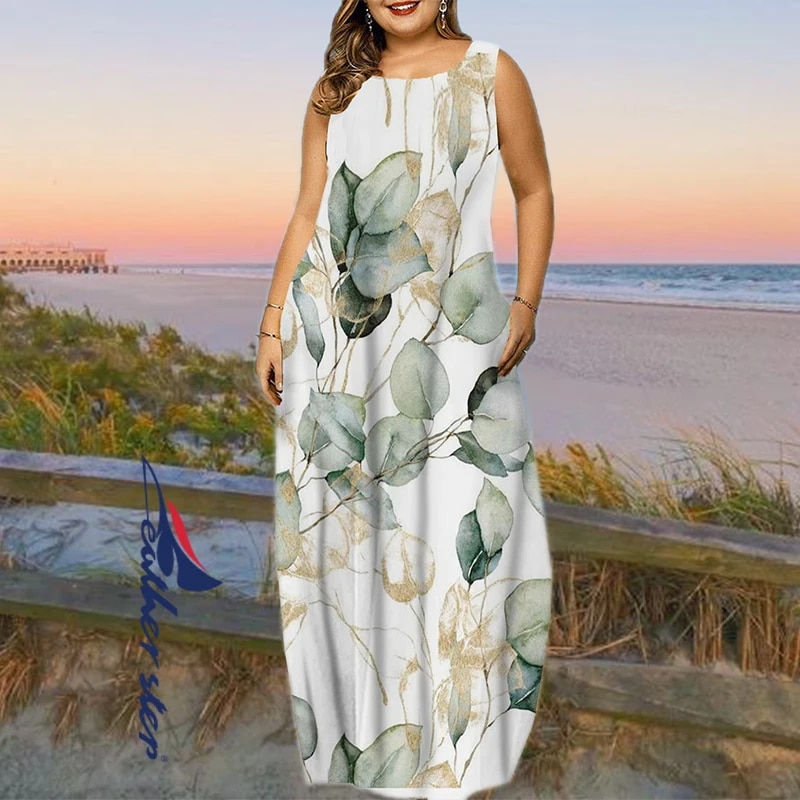 Thumbnail: Plus Size Summer Women's Sexy Dress Holiday Female Dress Ink Floral Print Boho