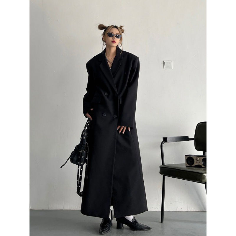 Thumbnail: Strong Aura Profile Draping Effect Loose Slimming Korean Style Long Suit Trench